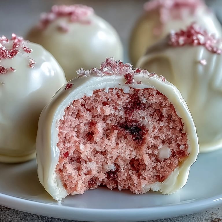 Handcrafted Galentines cake pops featuring a pink velvet interior and tangy cream cheese frosting, coated in smooth white chocolate.  
