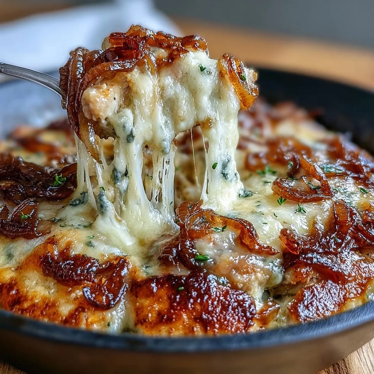 Baked French Onion Chicken with Gruyere, golden chicken breasts nestled in rich caramelized onions and crowned with melted Gruyere cheese.