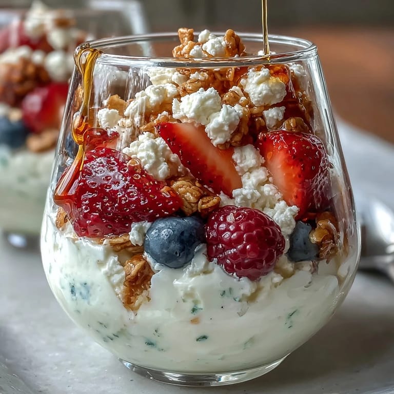 Layered cottage cheese parfait with strawberries, blueberries, raspberries, and crunchy granola topping.