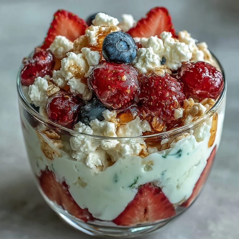 High-protein cottage cheese berry parfait with fresh fruit and low-sugar granola for a healthy start.