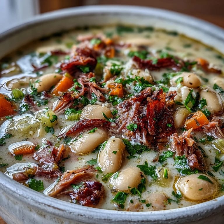 Creamy White Bean and Ham Hock Soup featuring slow-simmered beans, shredded ham, and aromatic vegetables for ultimate comfort.