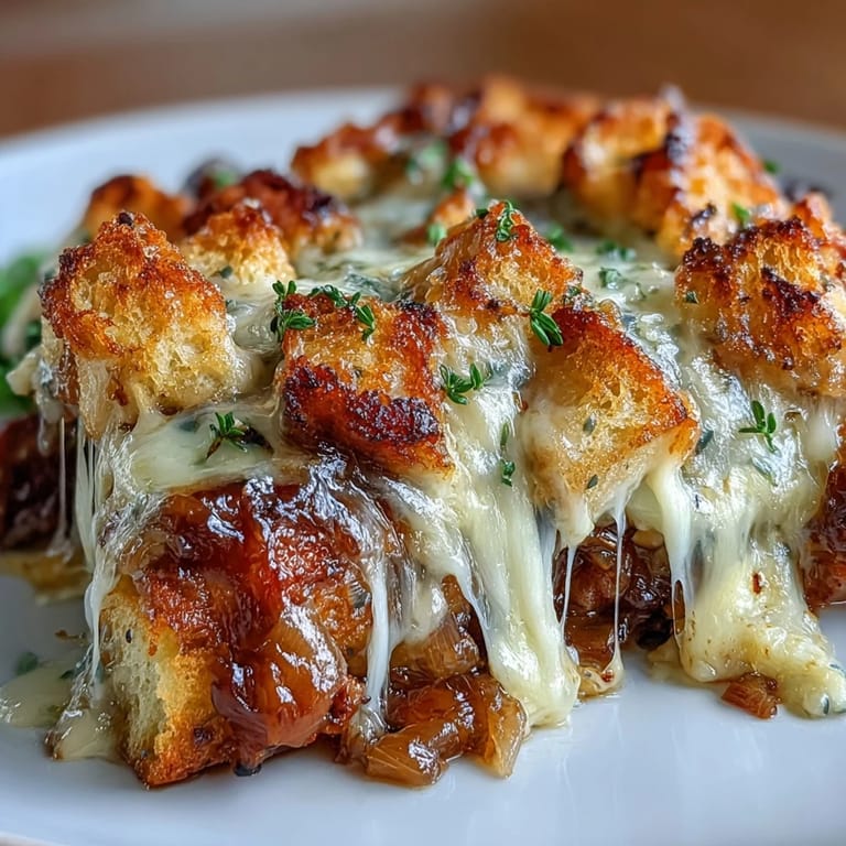 Savory chicken thighs baked in a French onion-inspired sauce, crowned with crisp sourdough cubes and melted Gruyère cheese.  