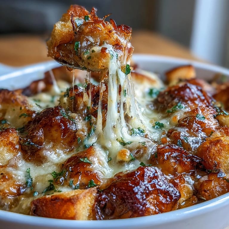 Comforting French onion chicken bake featuring tender thighs, sweet caramelized onions, and a golden sourdough crust straight from the oven.