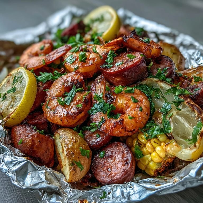 Easy shrimp boil foil packets featuring juicy sausage, onions, baby potatoes, and corn, seasoned with bold Old Bay spices for a Southern feast.