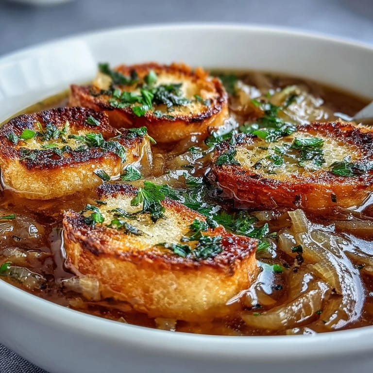 Comforting bowl of French-inspired roasted garlic soup with golden onions and crunchy herb croutons on top.