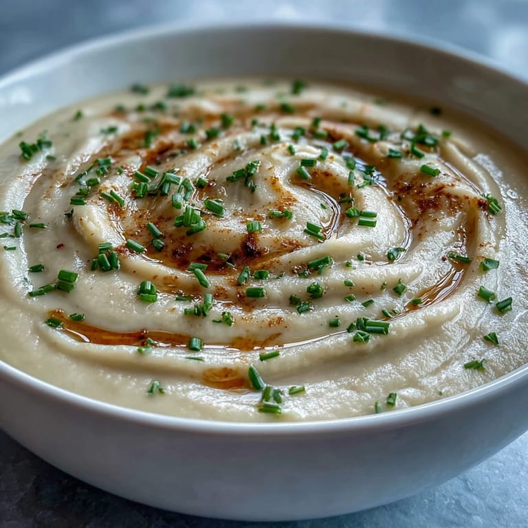 Velvety cauliflower soup with caramelized onions, blended smooth and topped with a swirl of cream for a comforting, low-carb dinner.