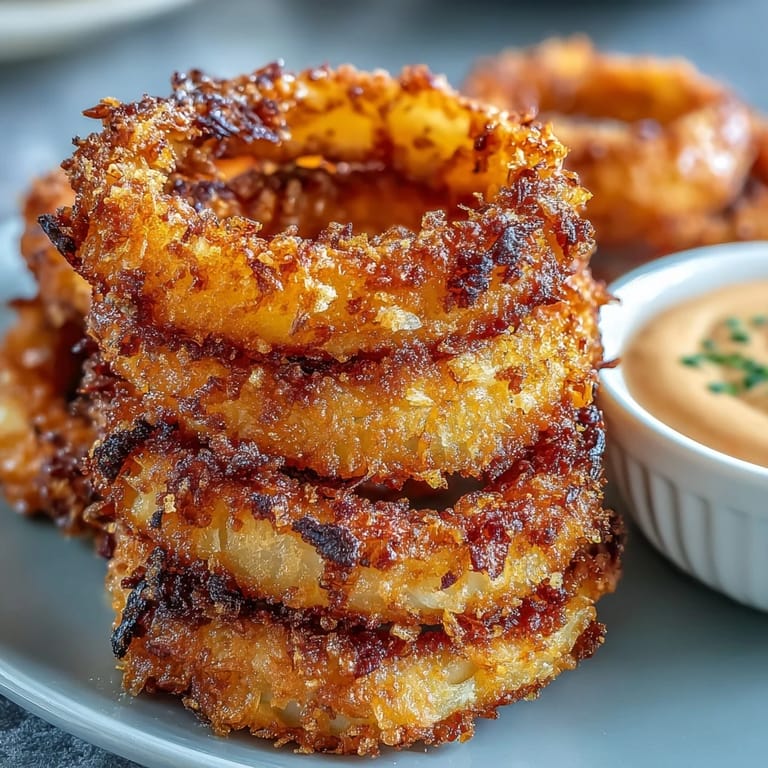 Baked onion rings with a light, crispy coating and a zesty smoky paprika dip, ideal for parties or game day.
