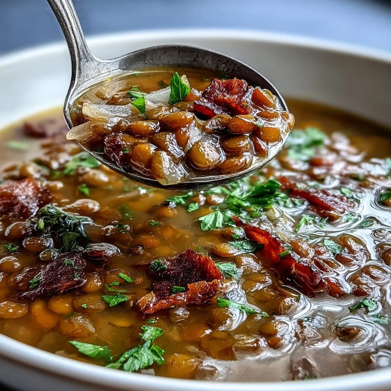 Smoky ham, earthy lentils, and sweet onions simmered together in one pot for a comforting, gluten-free main dish.