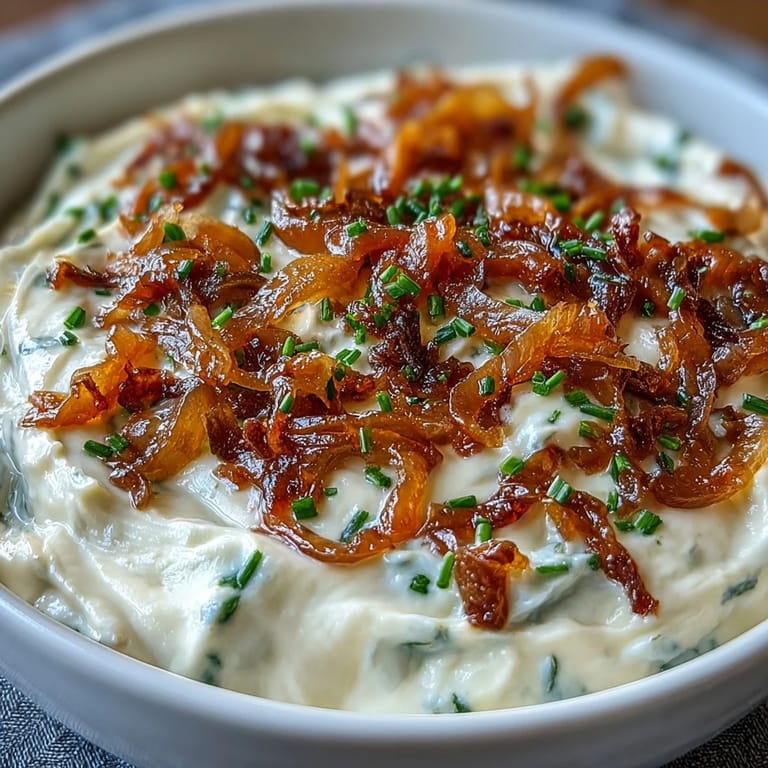 Velvety caramelized onion dip blended with Greek yogurt and chives, ideal for appetizers and party platters.