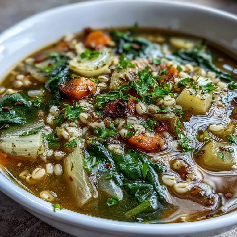 A rustic ladle scoops rich vegetable broth brimming with tender barley, leeks, and seasonal vegetables in this comforting soup.