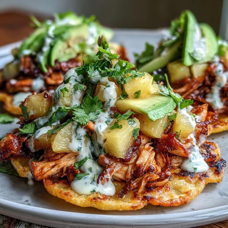 Crispy tostadas layered with tender chicken, zesty pineapple salsa, and tangy lime crema for a vibrant meal.  