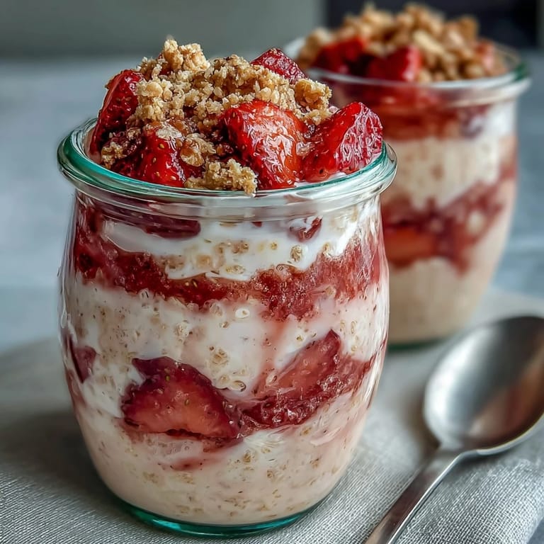 Delicious strawberry cheesecake overnight oats with graham crumble, featuring layers of creamy oats, juicy strawberries, and buttery graham cracker topping in a clear glass jar.