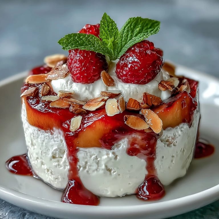 Fluffy Yogurt Peach Melba Cups with Toasted Almonds - a light summer dessert with fresh peaches, whipped yogurt, raspberry coulis, and golden toasted almonds.