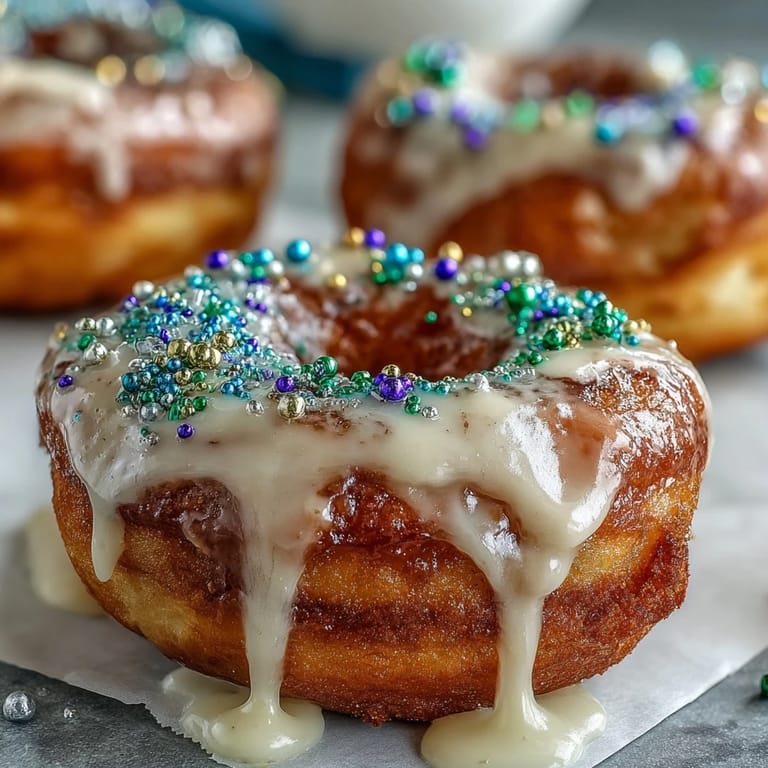 A close-up view of freshly glazed King Cake donuts decorated with traditional Mardi Gras colored sanding sugar.