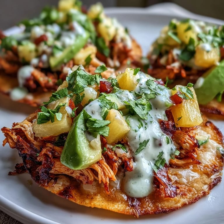 Golden tostadas piled high with juicy chicken, sweet pineapple salsa, and a drizzle of creamy lime crema.  