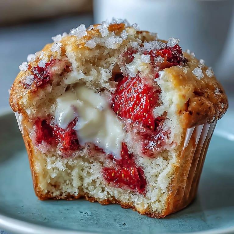 Golden-topped strawberry yogurt muffins filled with fresh berries, offering a moist and flavorful treat for any time of day.  