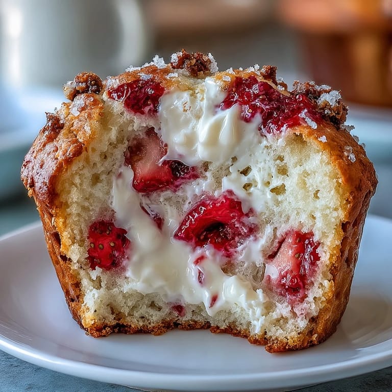 Homemade strawberry yogurt muffins with bursts of ripe fruit, ideal for a quick breakfast or satisfying afternoon snack.