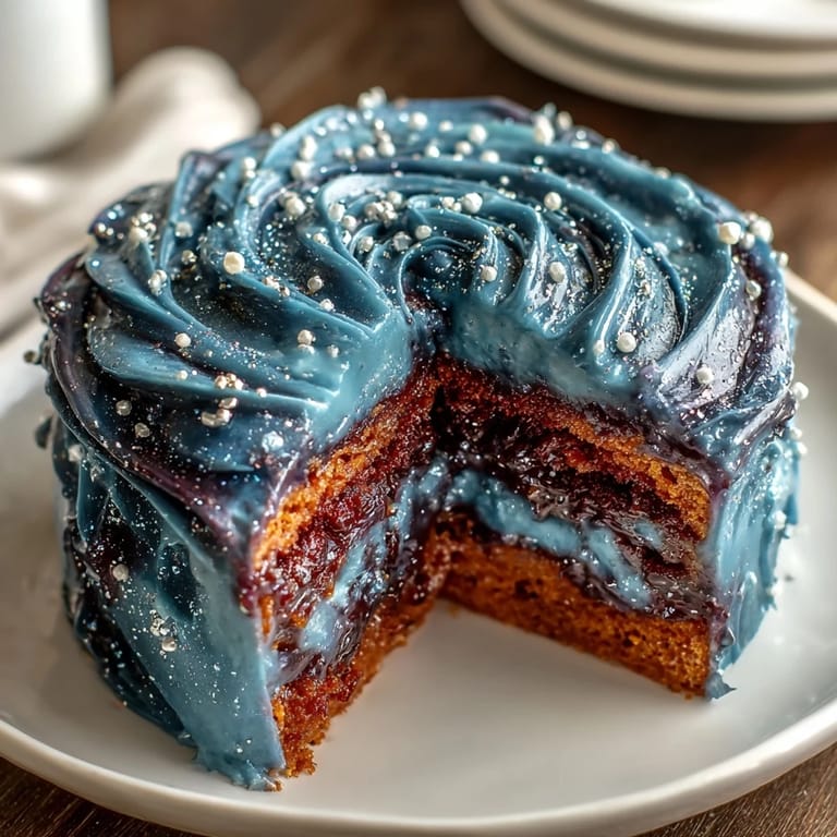Celestial layer cake featuring swirls of navy, purple, and teal buttercream, topped with edible glitter and fondant Pisces symbols for a magical dessert.