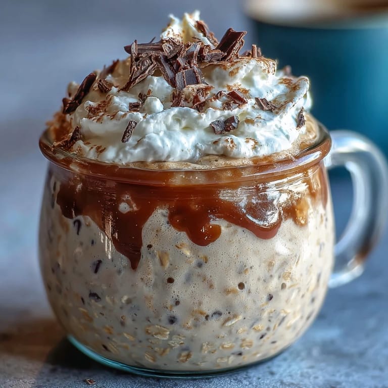 A jar of indulgent vanilla bean frappuccino overnight oats, topped with whipped cream and chocolate shavings for a dessert-like morning.