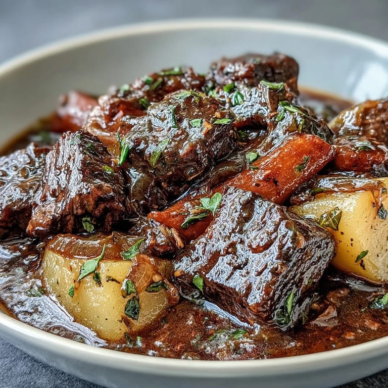 Hearty slow-cooked beef stew loaded with root vegetables and aromatic herbs, ideal for a comforting dinner.