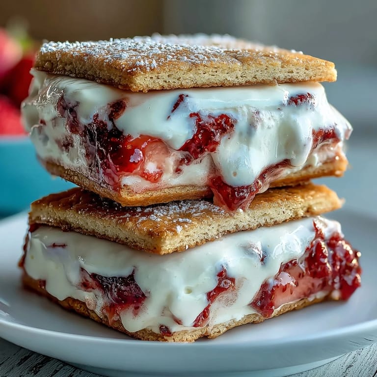 Buttery strawberry shortcake cookies filled with smooth vanilla cream and ripe strawberry pieces.  