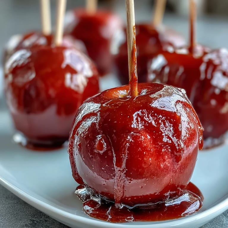 Vibrant red candy apples with a hard, sweet coating that glistens under the light, ideal for holiday parties or Halloween.