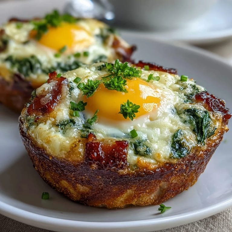 Savory ham cups filled with spinach-blended eggs, cheddar cheese, and fresh chives.