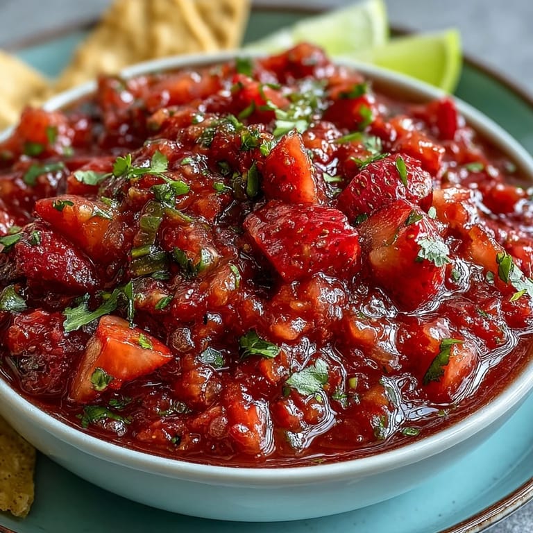 Vibrant strawberry salsa with diced jalapeño and red onion, served in a rustic bowl, ideal as a zesty taco topping or party dip.