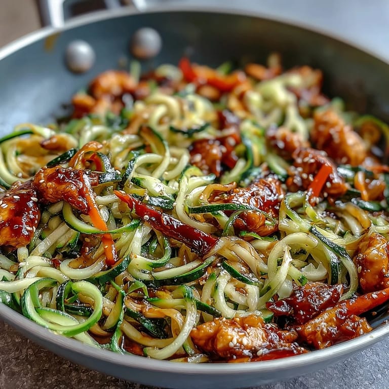 Quick and healthy zucchini noodle stir fry featuring juicy chicken, spiralized zucchini, and a glossy, flavorful sauce, perfect for a light dinner.