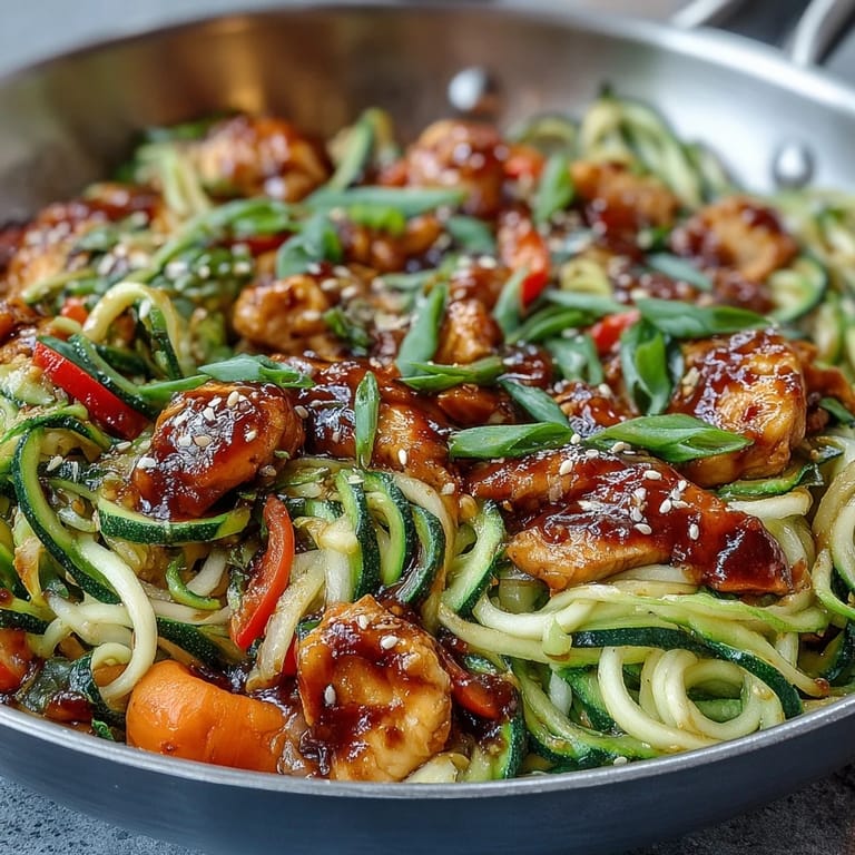 A vibrant, low-carb zucchini noodle stir fry with tender chicken, crisp carrots, and red bell pepper, tossed in a savory sesame-ginger sauce.  