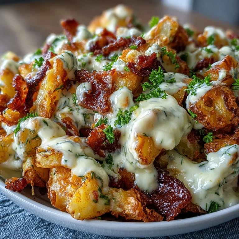 Loaded baked potato salad with tangy BBQ dressing, bacon, and fresh herbs for a flavorful side.