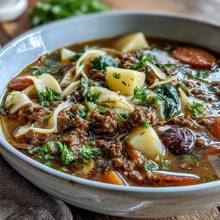 A hearty one-pot meal of Shepherd's Pie Soup, featuring tender beef, carrots, peas, and creamy potatoes.