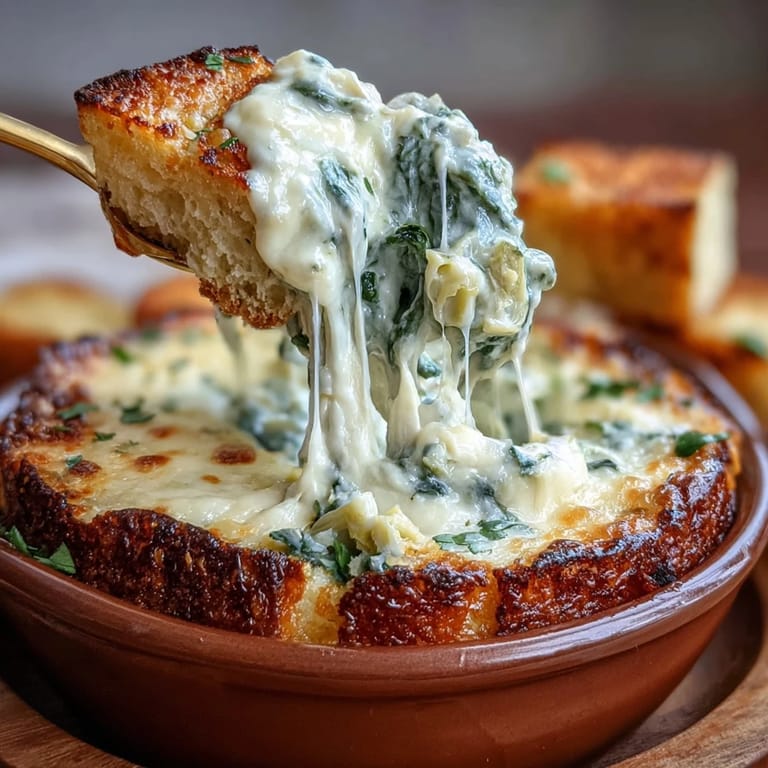 Creamy spinach artichoke dip with melted mozzarella, served in a crusty bread bowl for festive gatherings.