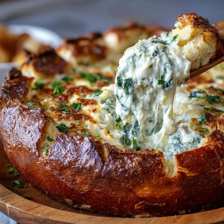 Green spinach and artichoke dip, bubbling with cheese, nestled in a rustic sourdough bread bowl.