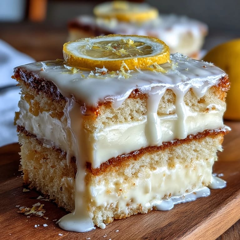 Buttery lemon tart with a golden crust, topped with fresh lemon slices and dusted with powdered sugar.