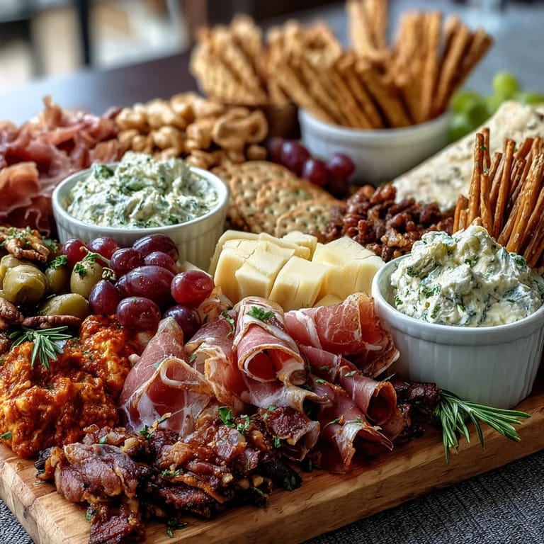 An inviting charcuterie spread featuring prosciutto, brie, hummus, and fresh produce—perfect for entertaining guests.