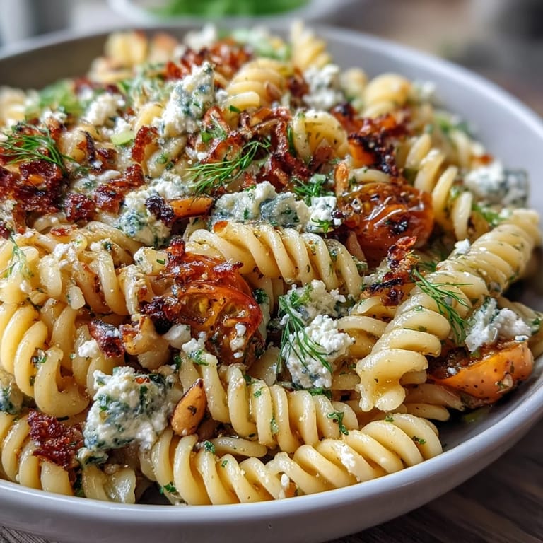 Colorful pasta salad tossed in zesty lemon vinaigrette, featuring crisp cucumbers, juicy cherry tomatoes, and fresh parsley for a refreshing meal.