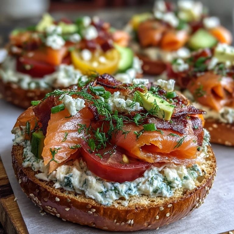 A vibrant bagel board with smoked salmon, cream cheese, sliced vegetables, and fresh herbs, ideal for an elegant spring brunch spread.