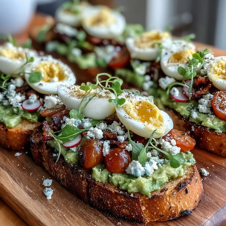 Creamy avocado spread on toasted sourdough with radishes, cherry tomatoes, feta, and microgreens arranged for a festive brunch board.