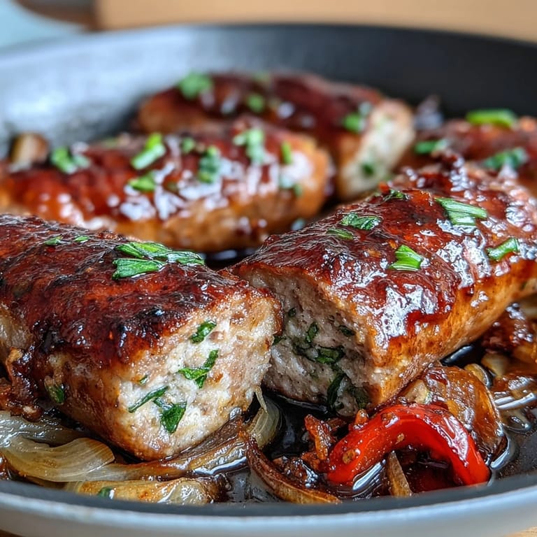 Aromatic sheet pan sausage and peppers, golden and caramelized, served hot with a sprinkle of fresh parsley.