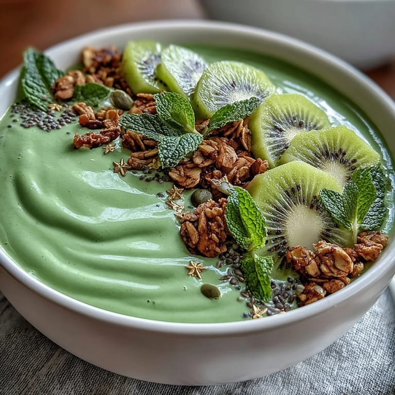Vibrant green smoothie bowl packed with spinach, avocado, and protein, decorated with kiwi shamrocks and crunchy toppings for a healthy celebration.