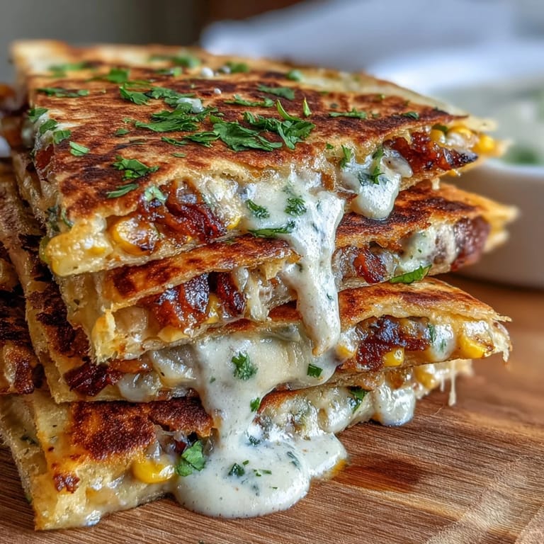 Cheesy Mexican street corn quesadilla with smoky chipotle crema, garnished with Cotija cheese and served with lime wedges.