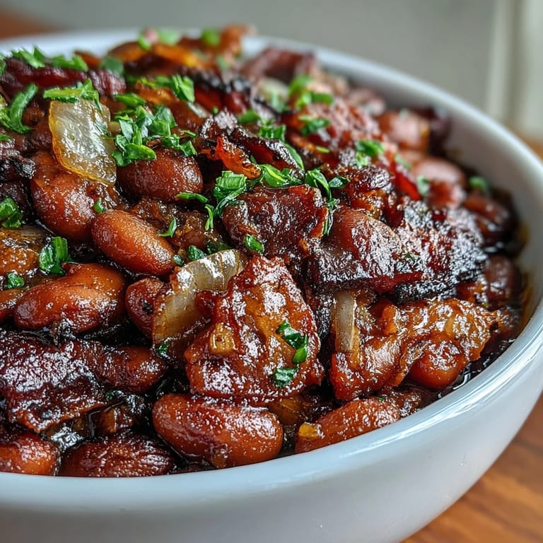 3. Golden-brown baked beans topped with caramelized bacon, offering a perfect balance of smoky, sweet, and tangy flavors for your summer cookout.