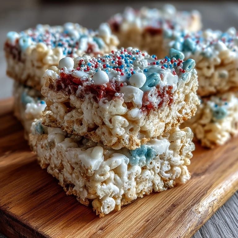 Chewy, colorful Rice Krispies squares in red, white, and blue, topped with festive sprinkles for Independence Day celebrations.