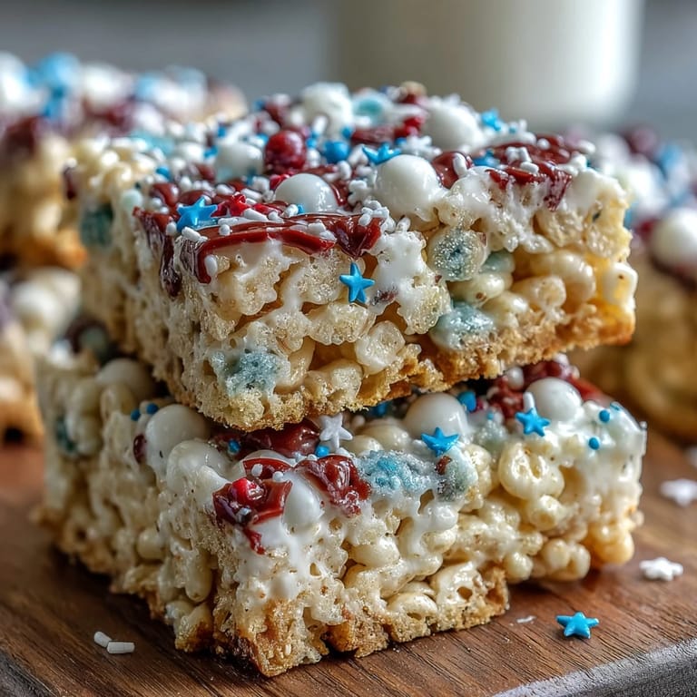 Vibrant, marshmallowy Rice Krispies treats in patriotic colors, layered and ready to serve at your 4th of July gathering.
