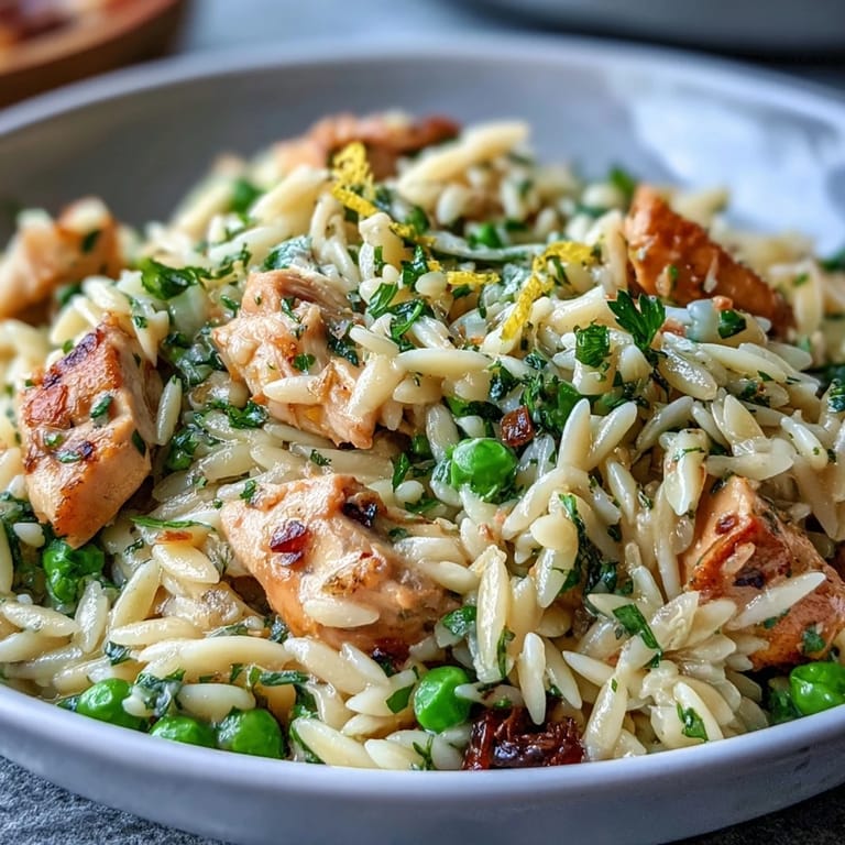 Tender chicken and sweet peas mingle with zesty lemon and Parmesan in a cozy one-pot orzo dish.  
