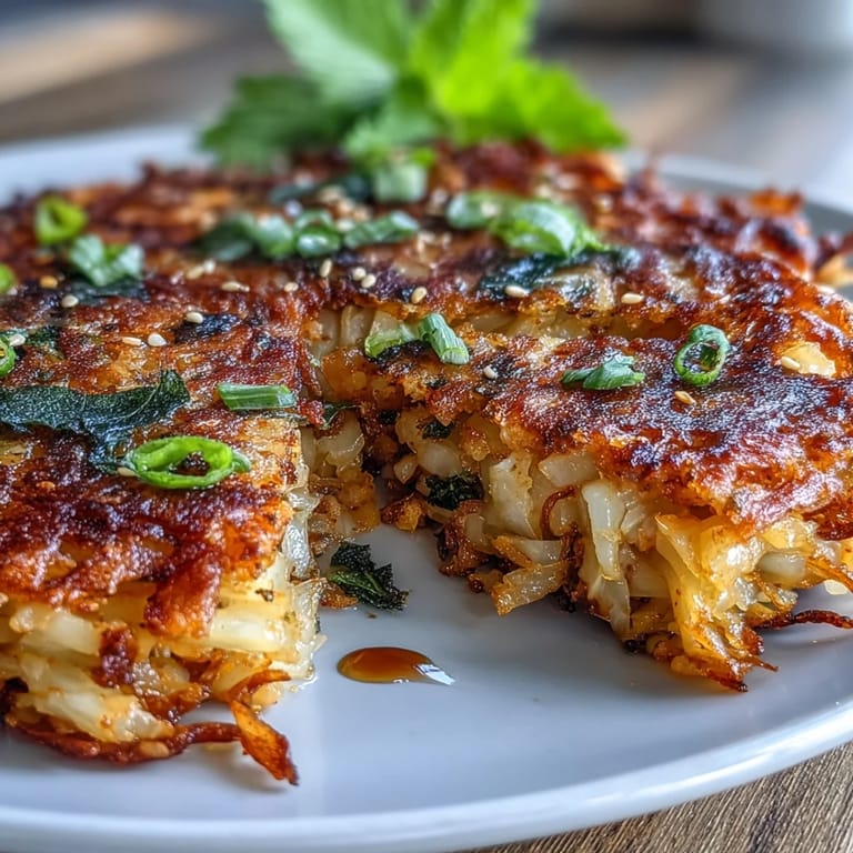 Crispy Cabbage Kimchi Pancakes on a plate, perfect for a snack.