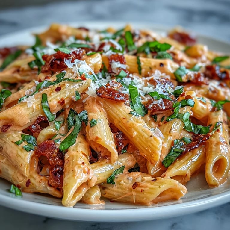 Close-up of Viral Pink Sauce Pasta, showing its rich, tangy, and creamy texture.