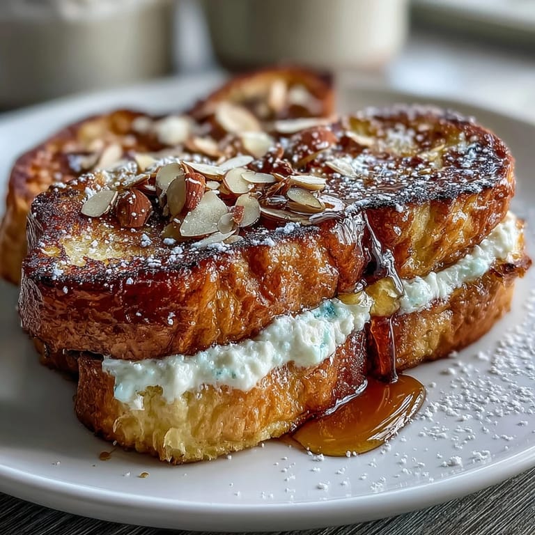 Perfect brunch Almond Croissant French Toast, crisp golden edges, fluffy, sweet interior.