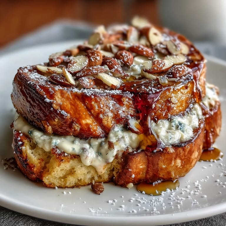 Decadent Almond Croissant French Toast, topped with crunchy toasted sliced almonds.